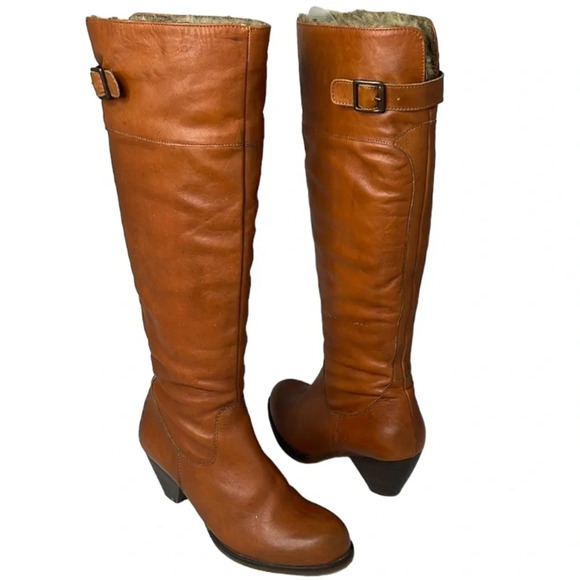 Aback A&B Cognac Leather Knee High Boots Buckle  Heels Faux Fur Inner Band 38 EU - Picture 1 of 16